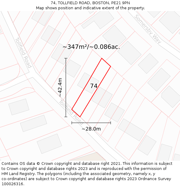 74, TOLLFIELD ROAD, BOSTON, PE21 9PN: Plot and title map