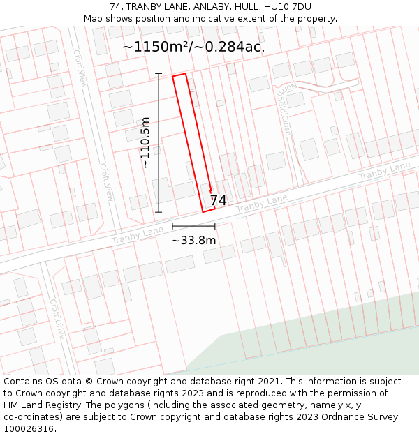 74, TRANBY LANE, ANLABY, HULL, HU10 7DU: Plot and title map