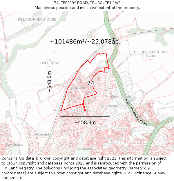 74, TREFFRY ROAD, TRURO, TR1 1WE: Plot and title map