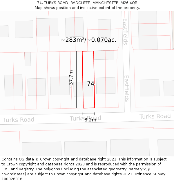 74, TURKS ROAD, RADCLIFFE, MANCHESTER, M26 4QB: Plot and title map