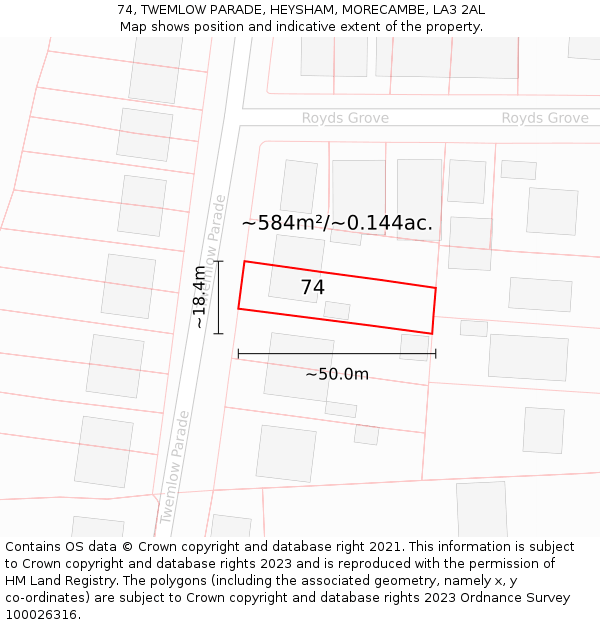 74, TWEMLOW PARADE, HEYSHAM, MORECAMBE, LA3 2AL: Plot and title map