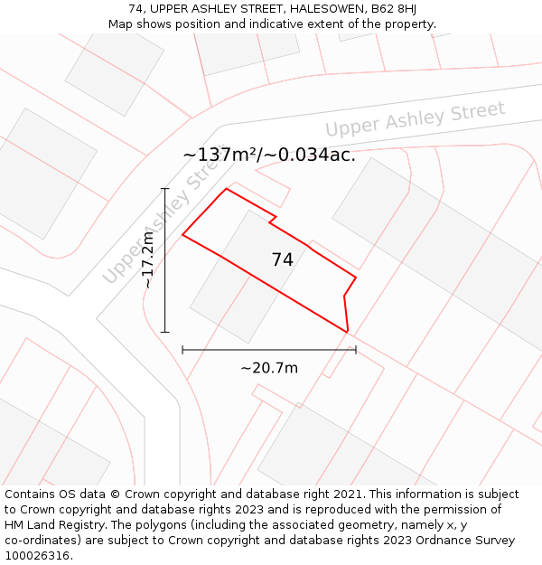 74, UPPER ASHLEY STREET, HALESOWEN, B62 8HJ: Plot and title map