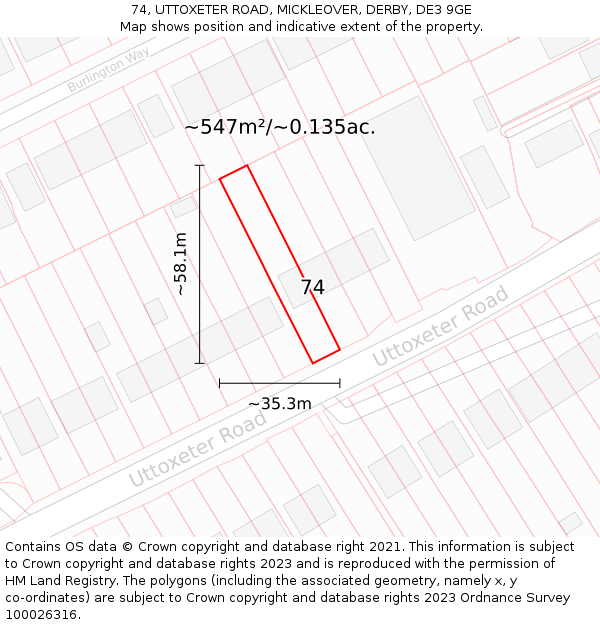 74, UTTOXETER ROAD, MICKLEOVER, DERBY, DE3 9GE: Plot and title map