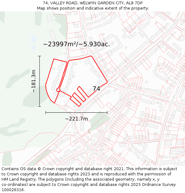 74, VALLEY ROAD, WELWYN GARDEN CITY, AL8 7DP: Plot and title map
