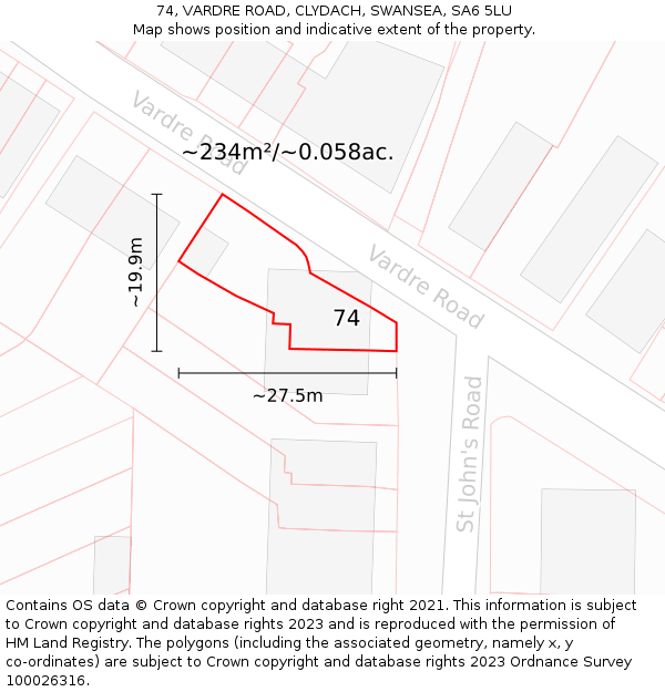 74, VARDRE ROAD, CLYDACH, SWANSEA, SA6 5LU: Plot and title map