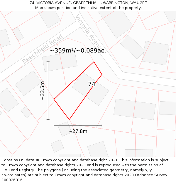 74, VICTORIA AVENUE, GRAPPENHALL, WARRINGTON, WA4 2PE: Plot and title map