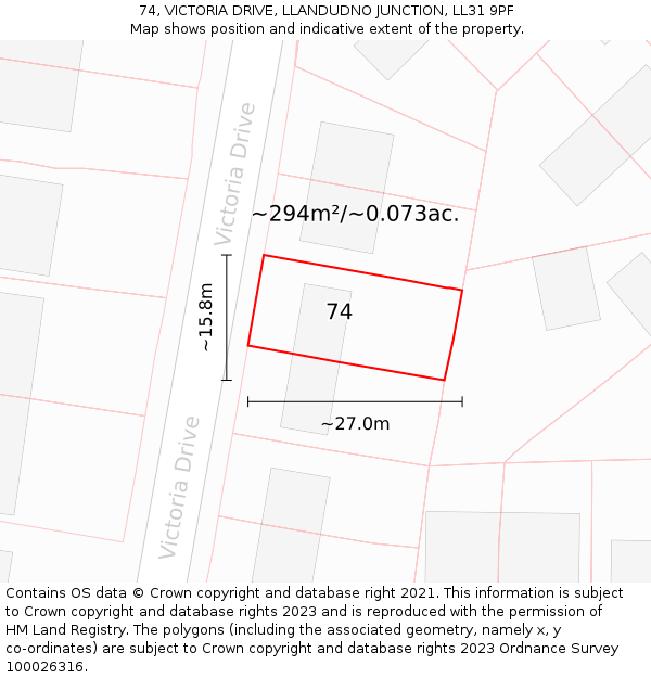 74, VICTORIA DRIVE, LLANDUDNO JUNCTION, LL31 9PF: Plot and title map