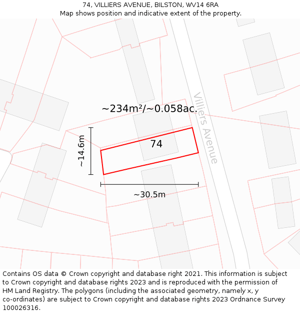 74, VILLIERS AVENUE, BILSTON, WV14 6RA: Plot and title map