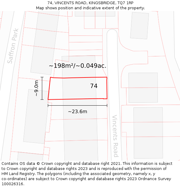 74, VINCENTS ROAD, KINGSBRIDGE, TQ7 1RP: Plot and title map