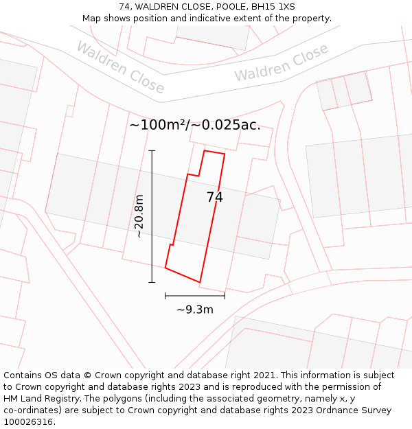 74, WALDREN CLOSE, POOLE, BH15 1XS: Plot and title map