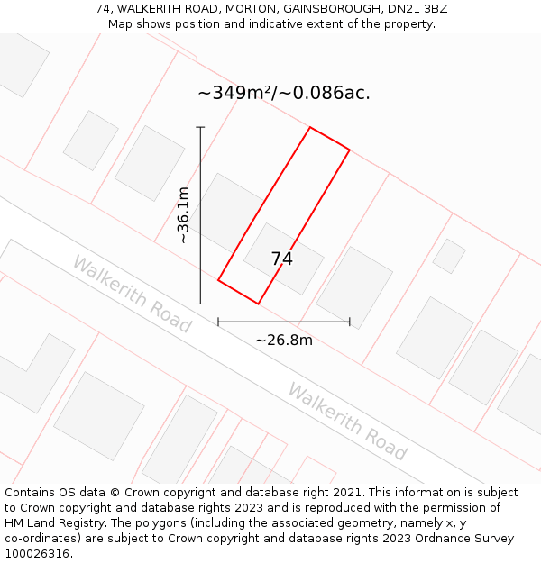 74, WALKERITH ROAD, MORTON, GAINSBOROUGH, DN21 3BZ: Plot and title map