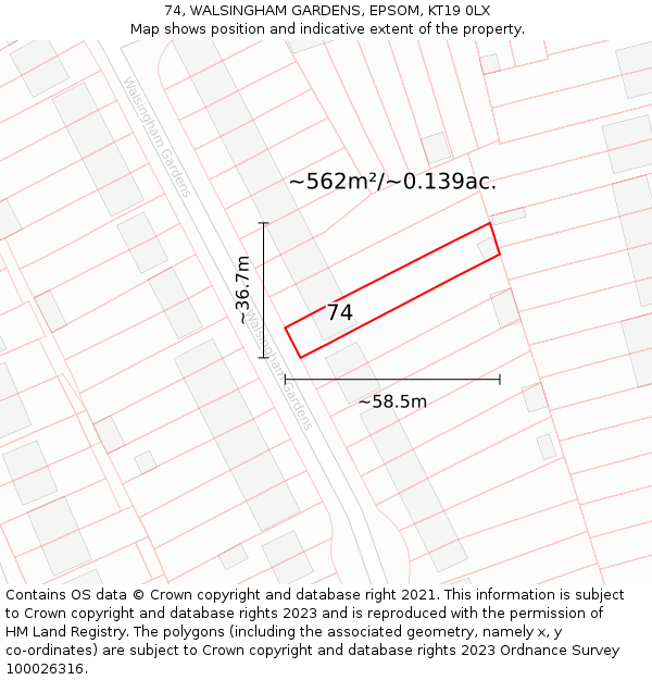 74, WALSINGHAM GARDENS, EPSOM, KT19 0LX: Plot and title map