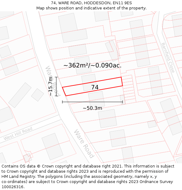 74, WARE ROAD, HODDESDON, EN11 9ES: Plot and title map