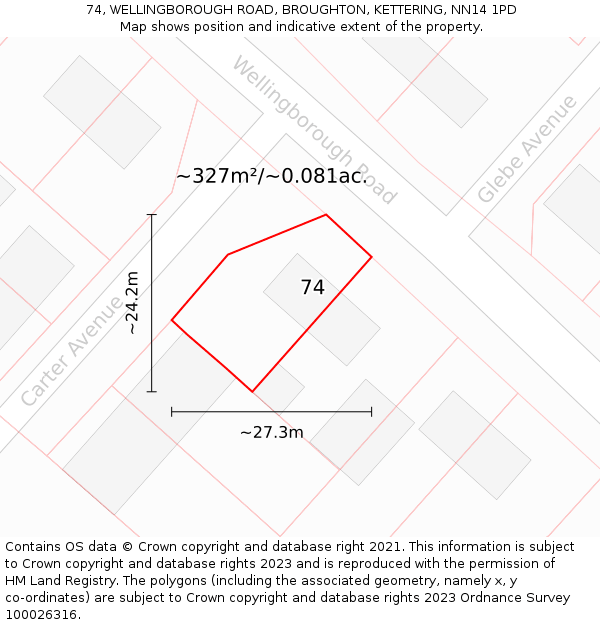 74, WELLINGBOROUGH ROAD, BROUGHTON, KETTERING, NN14 1PD: Plot and title map