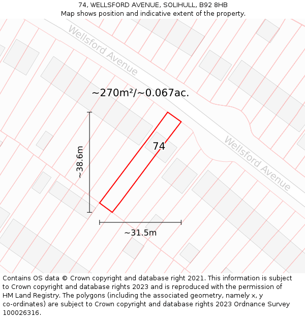 74, WELLSFORD AVENUE, SOLIHULL, B92 8HB: Plot and title map