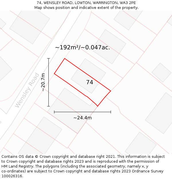 74, WENSLEY ROAD, LOWTON, WARRINGTON, WA3 2PE: Plot and title map