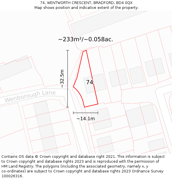 74, WENTWORTH CRESCENT, BRADFORD, BD4 0QX: Plot and title map