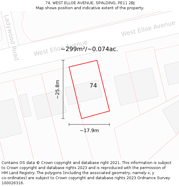 74, WEST ELLOE AVENUE, SPALDING, PE11 2BJ: Plot and title map