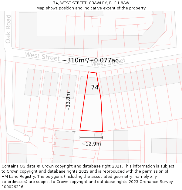 74, WEST STREET, CRAWLEY, RH11 8AW: Plot and title map