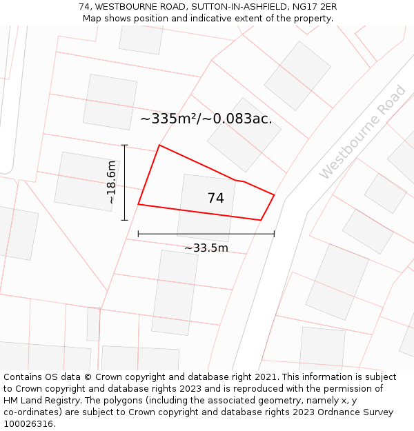 74, WESTBOURNE ROAD, SUTTON-IN-ASHFIELD, NG17 2ER: Plot and title map