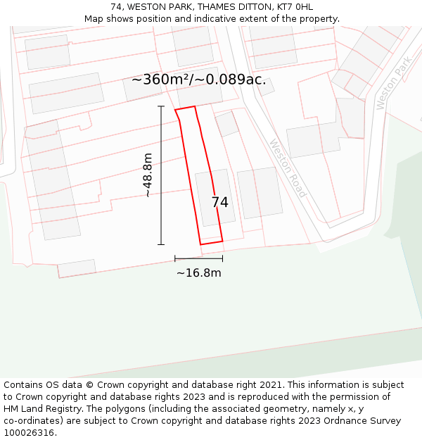 74, WESTON PARK, THAMES DITTON, KT7 0HL: Plot and title map