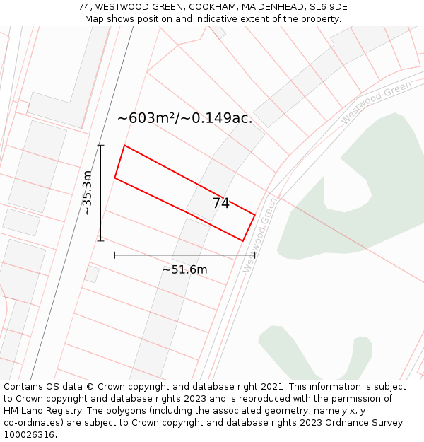 74, WESTWOOD GREEN, COOKHAM, MAIDENHEAD, SL6 9DE: Plot and title map