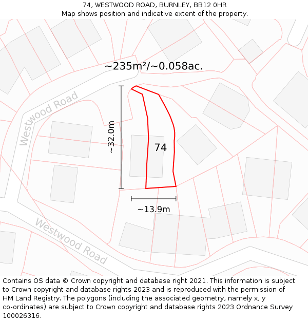 74, WESTWOOD ROAD, BURNLEY, BB12 0HR: Plot and title map