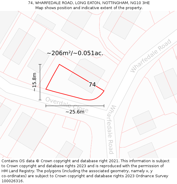 74, WHARFEDALE ROAD, LONG EATON, NOTTINGHAM, NG10 3HE: Plot and title map