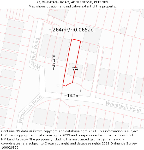 74, WHEATASH ROAD, ADDLESTONE, KT15 2ES: Plot and title map