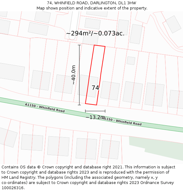 74, WHINFIELD ROAD, DARLINGTON, DL1 3HW: Plot and title map