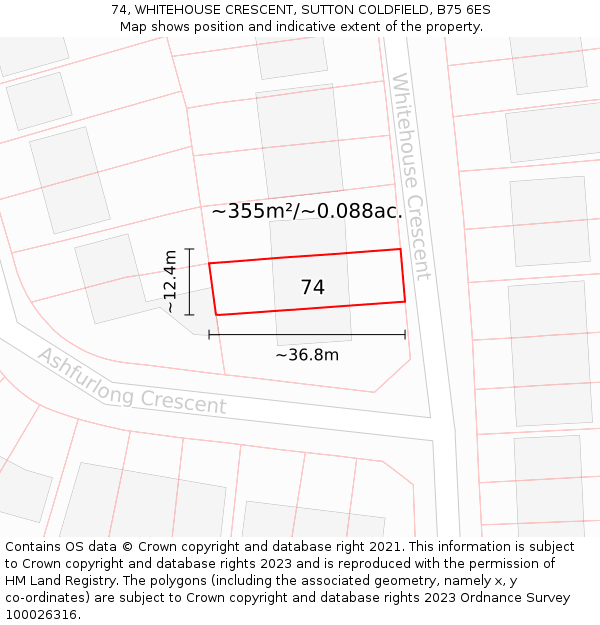 74, WHITEHOUSE CRESCENT, SUTTON COLDFIELD, B75 6ES: Plot and title map