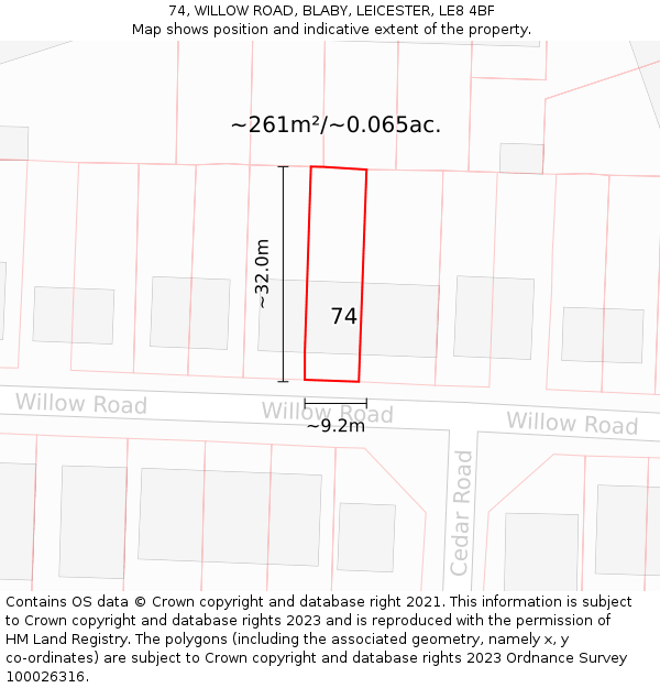 74, WILLOW ROAD, BLABY, LEICESTER, LE8 4BF: Plot and title map