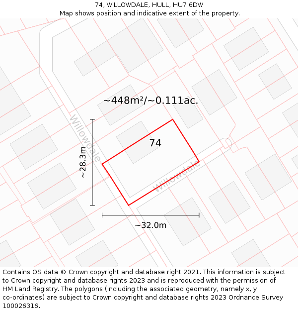 74, WILLOWDALE, HULL, HU7 6DW: Plot and title map