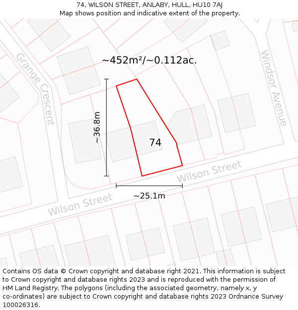 74, WILSON STREET, ANLABY, HULL, HU10 7AJ: Plot and title map