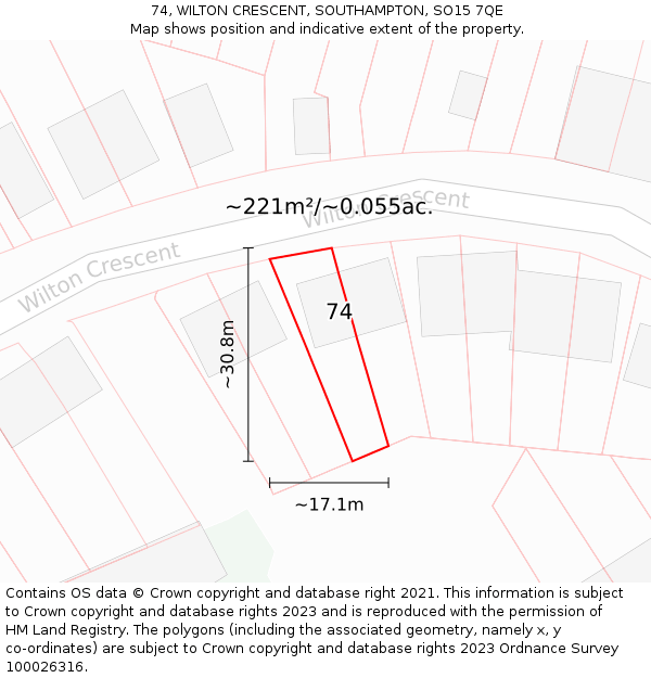 74, WILTON CRESCENT, SOUTHAMPTON, SO15 7QE: Plot and title map