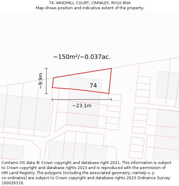 74, WINDMILL COURT, CRAWLEY, RH10 8NA: Plot and title map