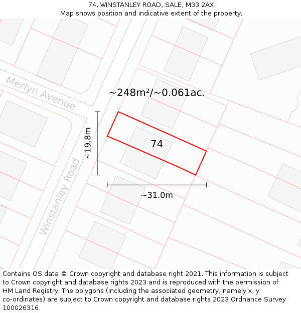 74, WINSTANLEY ROAD, SALE, M33 2AX: Plot and title map