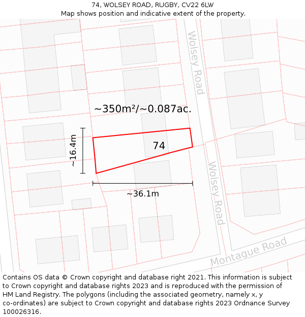 74, WOLSEY ROAD, RUGBY, CV22 6LW: Plot and title map