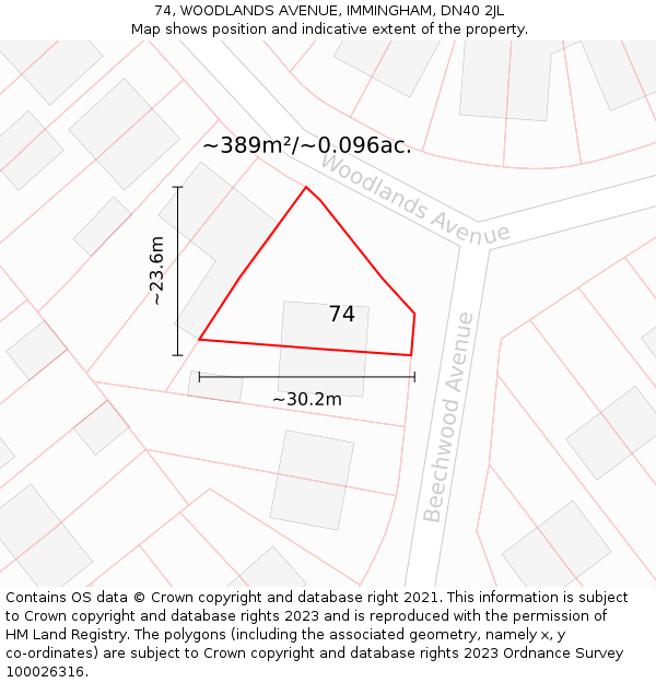 74, WOODLANDS AVENUE, IMMINGHAM, DN40 2JL: Plot and title map