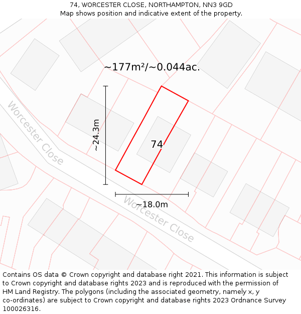 74, WORCESTER CLOSE, NORTHAMPTON, NN3 9GD: Plot and title map