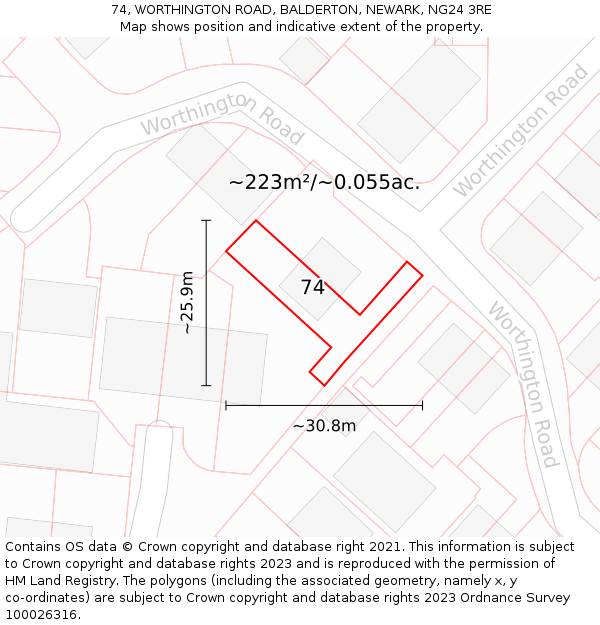 74, WORTHINGTON ROAD, BALDERTON, NEWARK, NG24 3RE: Plot and title map