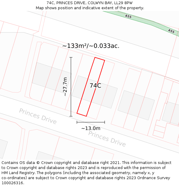 74C, PRINCES DRIVE, COLWYN BAY, LL29 8PW: Plot and title map