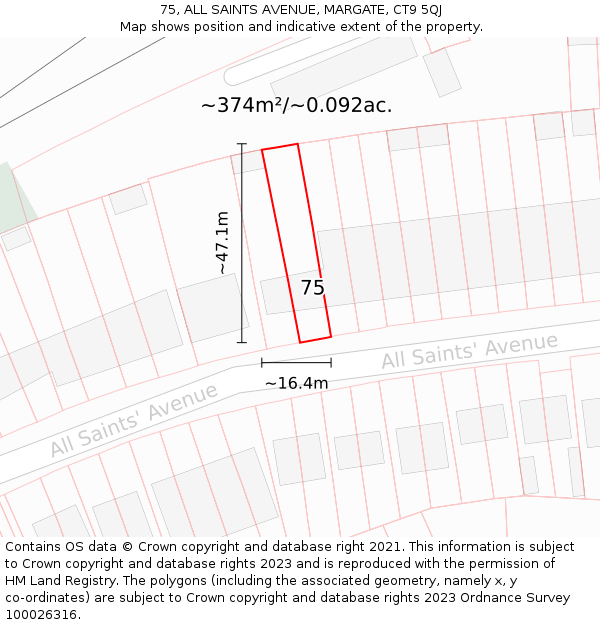 75, ALL SAINTS AVENUE, MARGATE, CT9 5QJ: Plot and title map