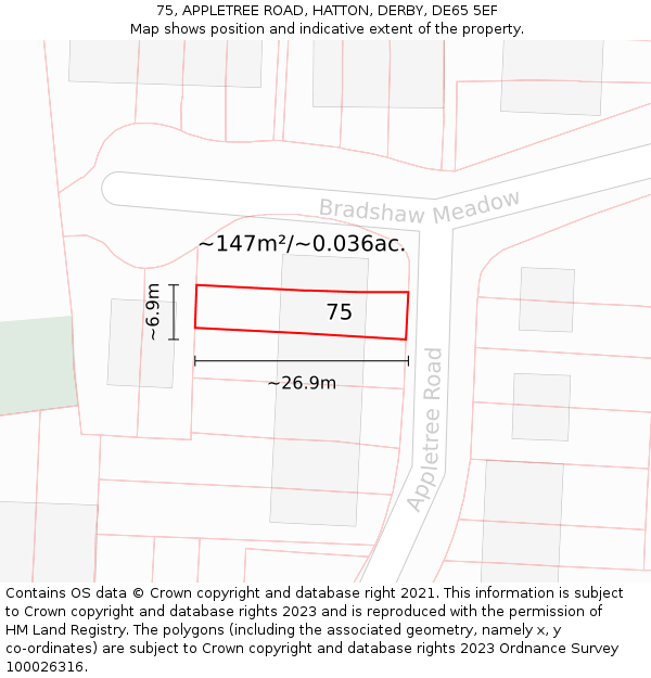 75, APPLETREE ROAD, HATTON, DERBY, DE65 5EF: Plot and title map