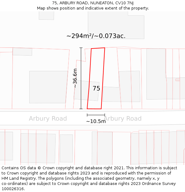 75, ARBURY ROAD, NUNEATON, CV10 7NJ: Plot and title map