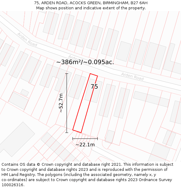 75, ARDEN ROAD, ACOCKS GREEN, BIRMINGHAM, B27 6AH: Plot and title map