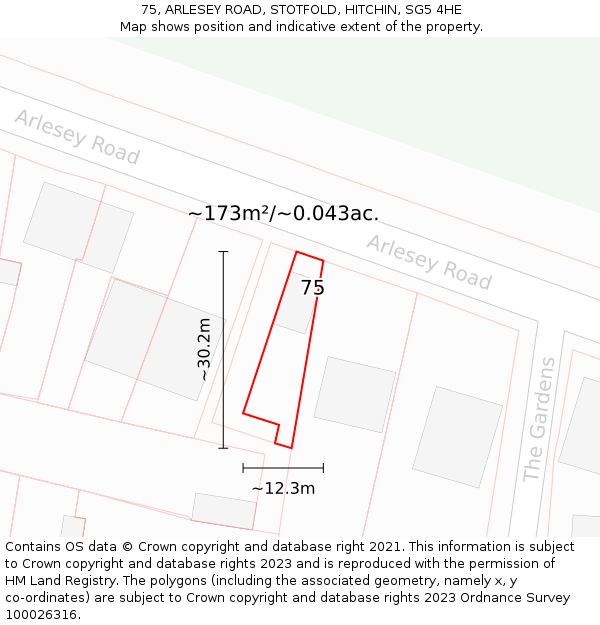 75, ARLESEY ROAD, STOTFOLD, HITCHIN, SG5 4HE: Plot and title map