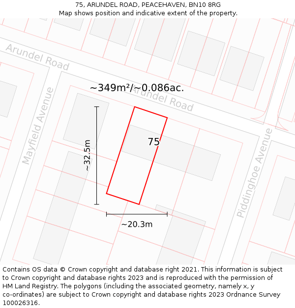 75, ARUNDEL ROAD, PEACEHAVEN, BN10 8RG: Plot and title map