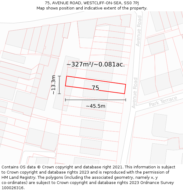 75, AVENUE ROAD, WESTCLIFF-ON-SEA, SS0 7PJ: Plot and title map