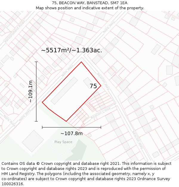 75, BEACON WAY, BANSTEAD, SM7 1EA: Plot and title map